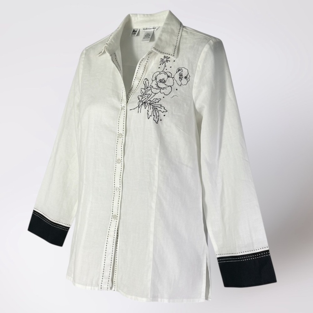 Richard Malcolm Irish Linen Top White Floral Embroidered Button Front‎ Blouse L